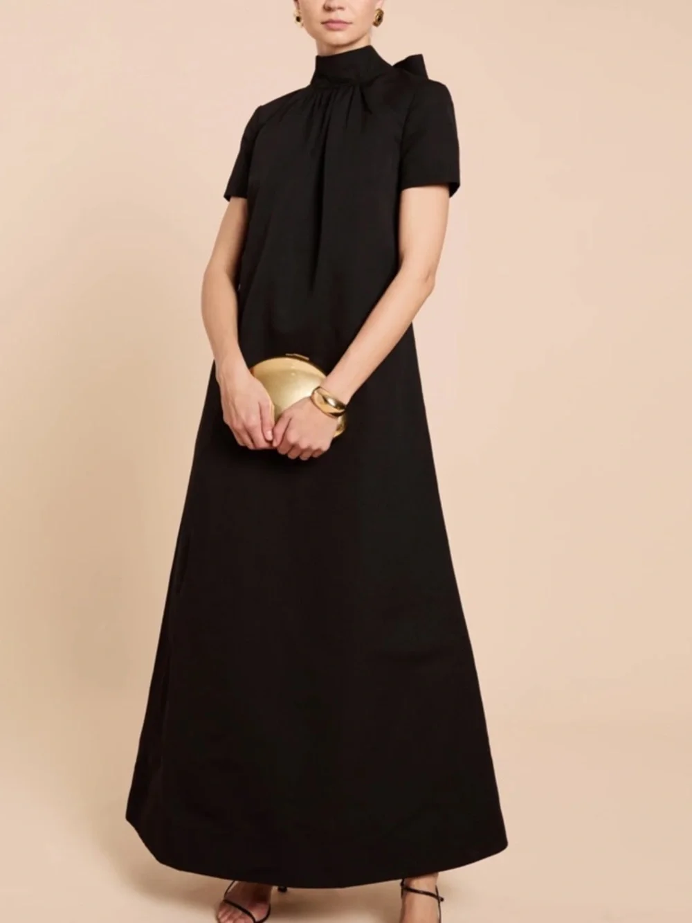 High-Neck Black Short-Sleeve Maxi Dress